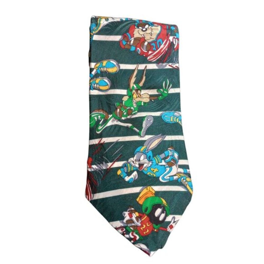 Vintage 1993 Looney Tunes Mania Silk Football Tie Bugs Bunny Taz Green Striped